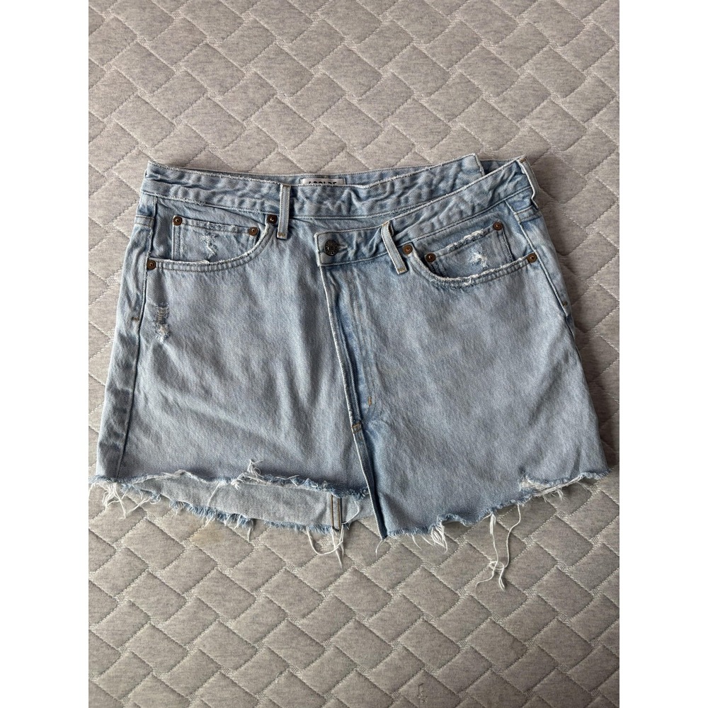 AGOLDE Criss Cross Skirt Womens 32 Blue Denim Distressed Raw Hem Mini High Rise - Picture 3 of 9